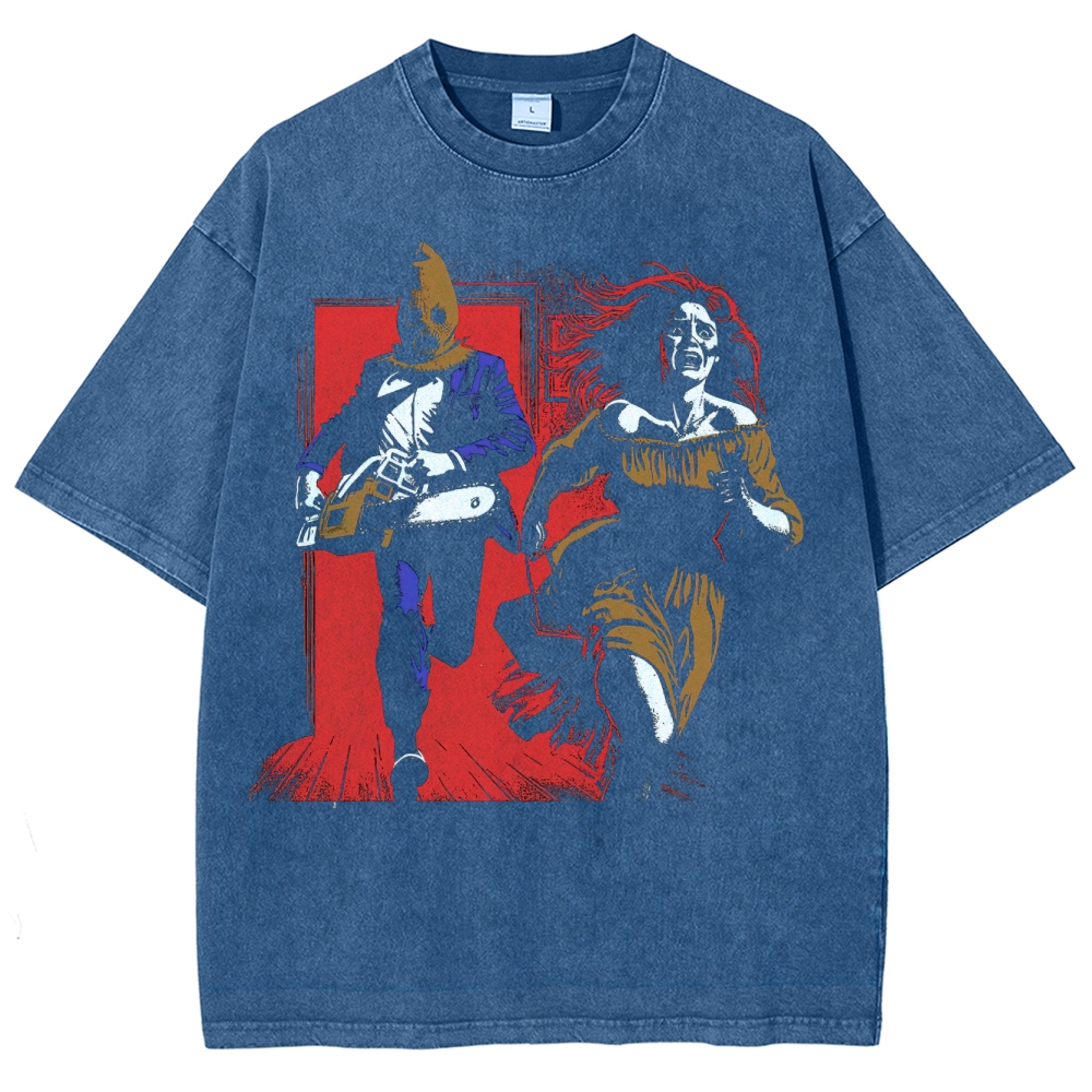 Retro Horror Chainsaw Scene Washed T-Shirt 