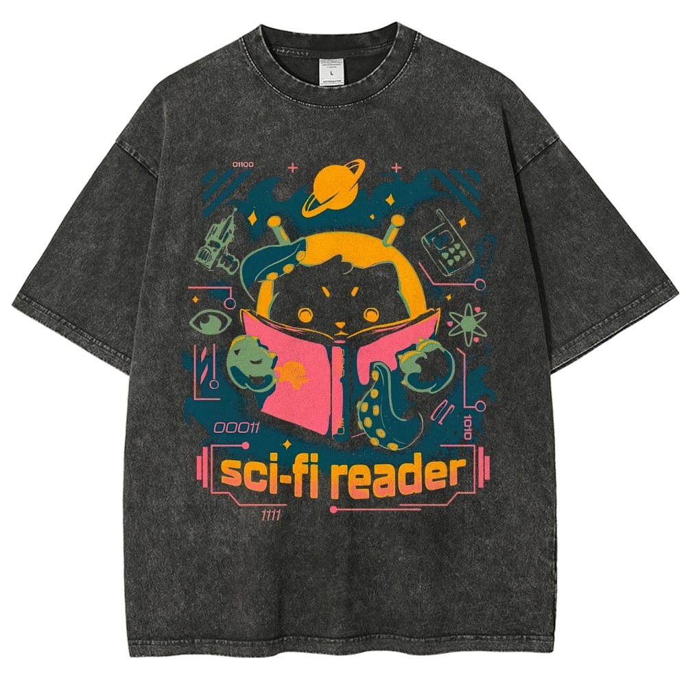 "Sci-Fi Reader" Cosmic Cat Washed T-Shirt