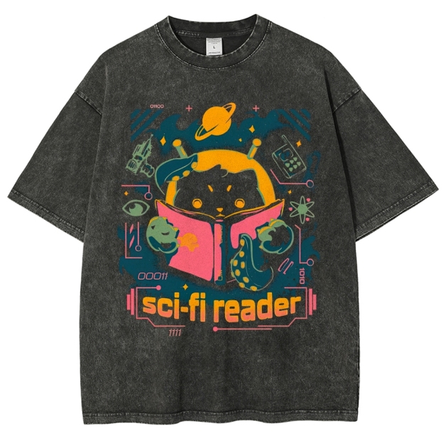 "Sci-Fi Reader" Cosmic Cat Washed T-Shirt