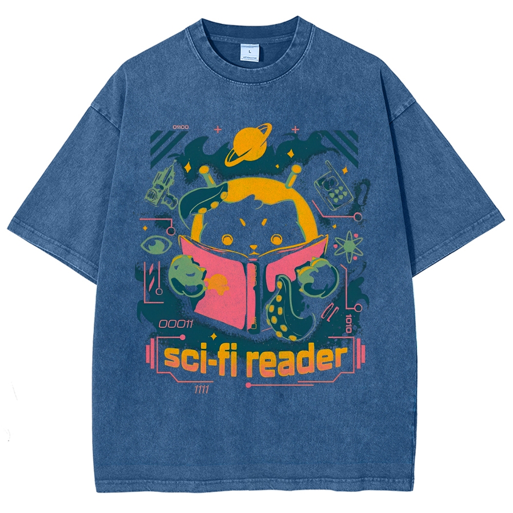 "Sci-Fi Reader" Cosmic Cat Washed T-Shirt