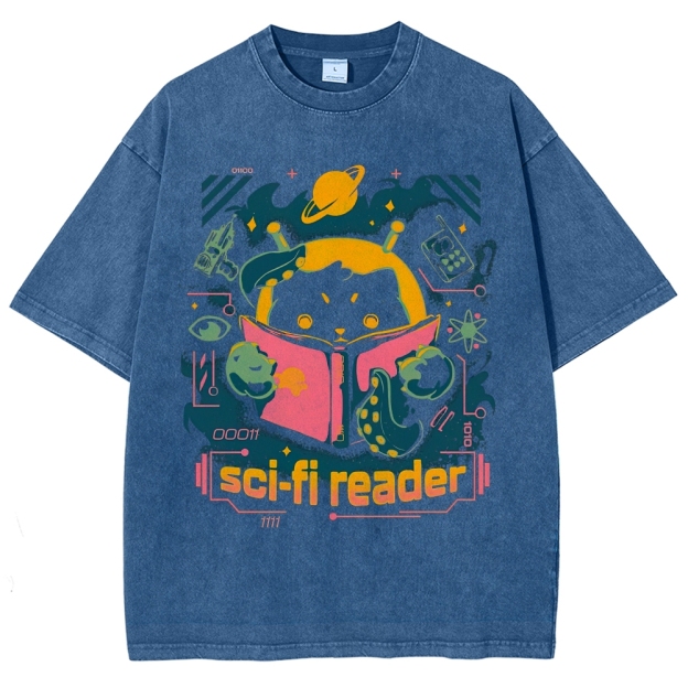 "Sci-Fi Reader" Cosmic Cat Washed T-Shirt