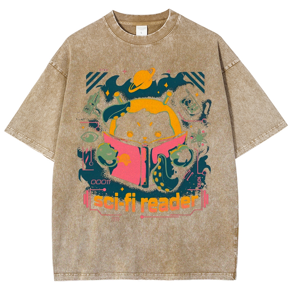 "Sci-Fi Reader" Cosmic Cat Washed T-Shirt