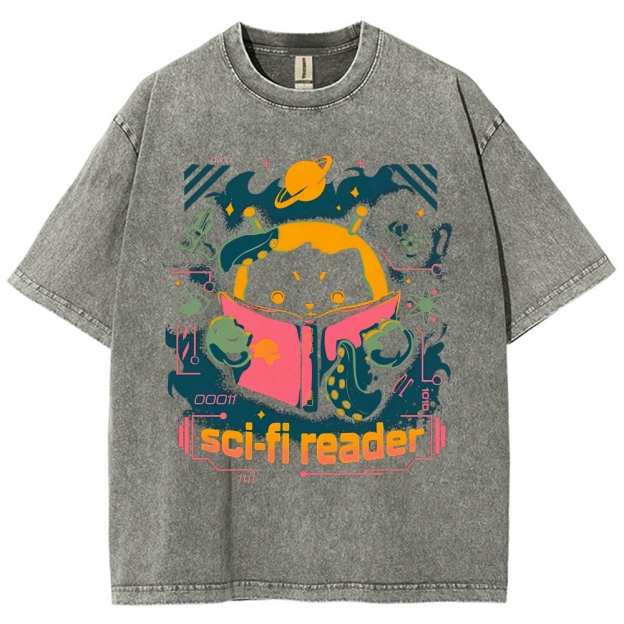 "Sci-Fi Reader" Cosmic Cat Washed T-Shirt