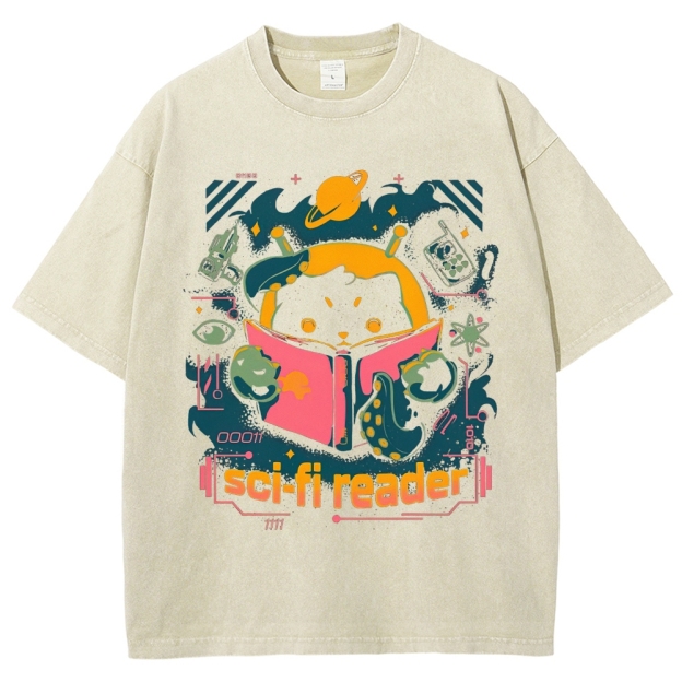 "Sci-Fi Reader" Cosmic Cat Washed T-Shirt