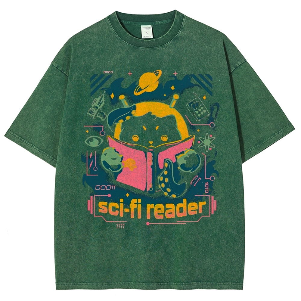 "Sci-Fi Reader" Cosmic Cat Washed T-Shirt