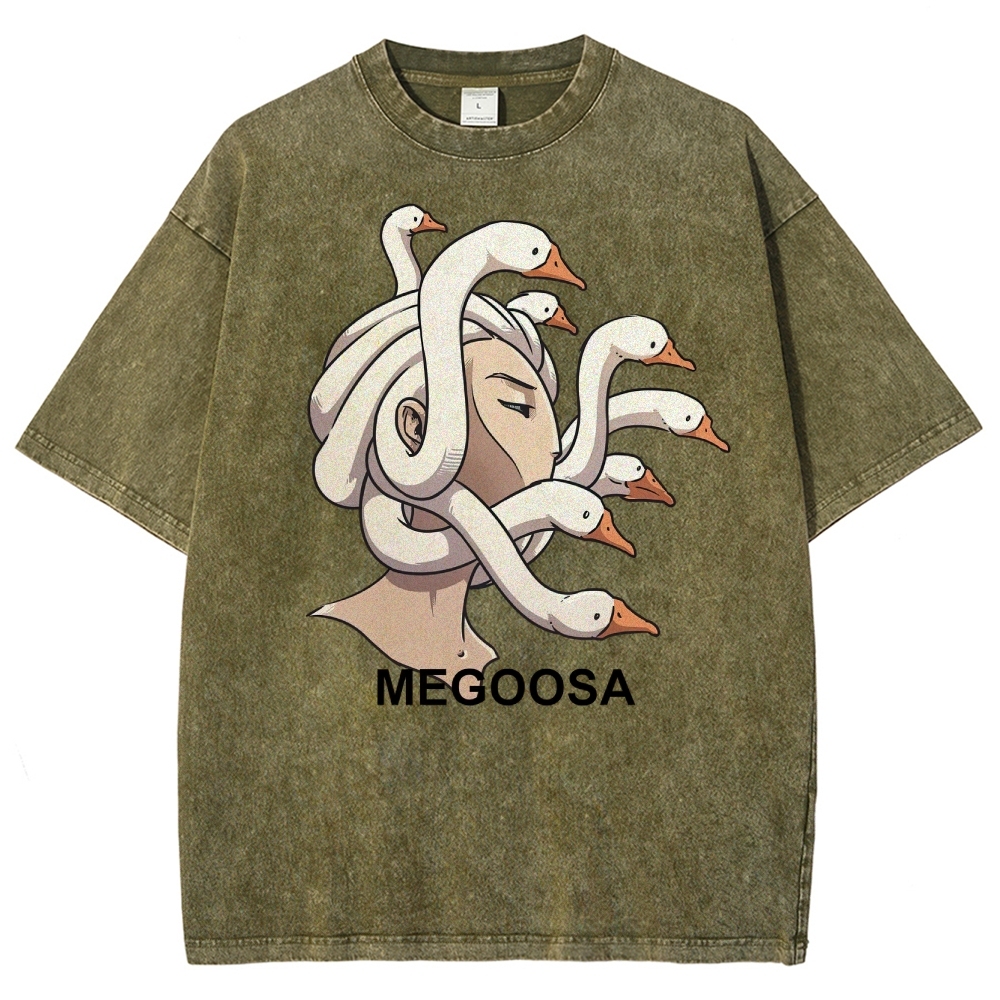 Megoosa Mythological Parody Goose Graphic Washed Washed T-Shirt 