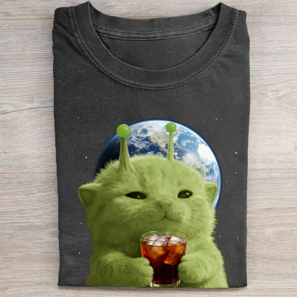 Green Alien Cat Earth Soda Vintage Washed Tee