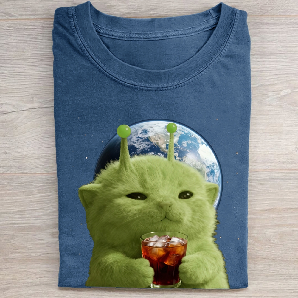 Green Alien Cat Earth Soda Vintage Washed Tee