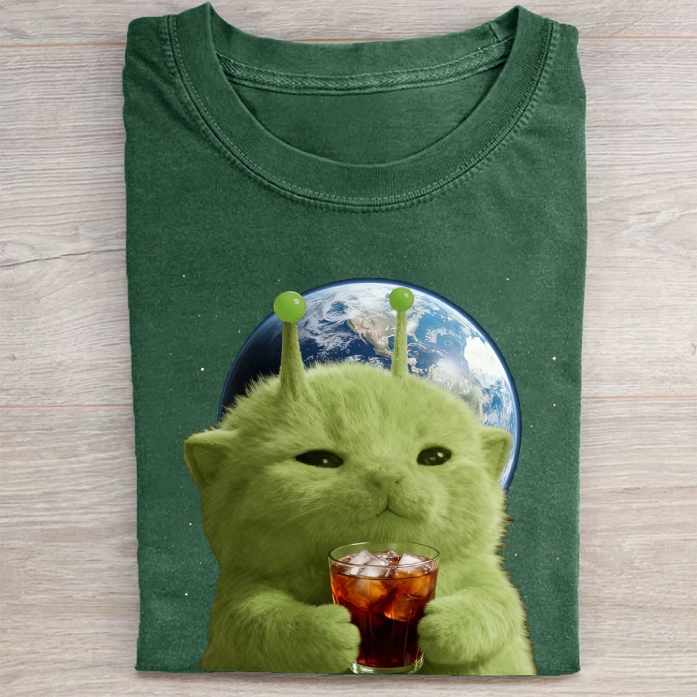 Green Alien Cat Earth Soda Vintage Washed Tee