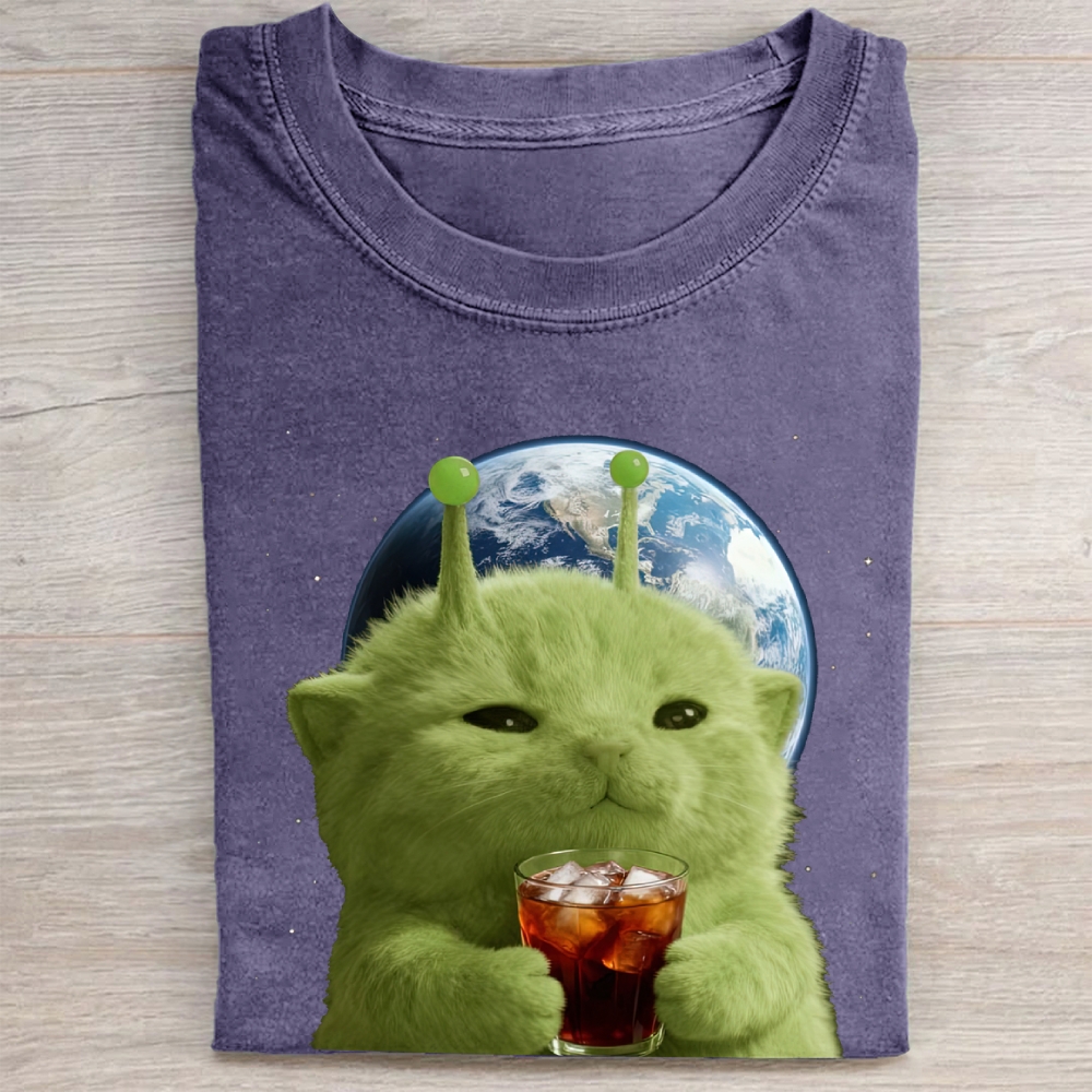 Green Alien Cat Earth Soda Vintage Washed Tee