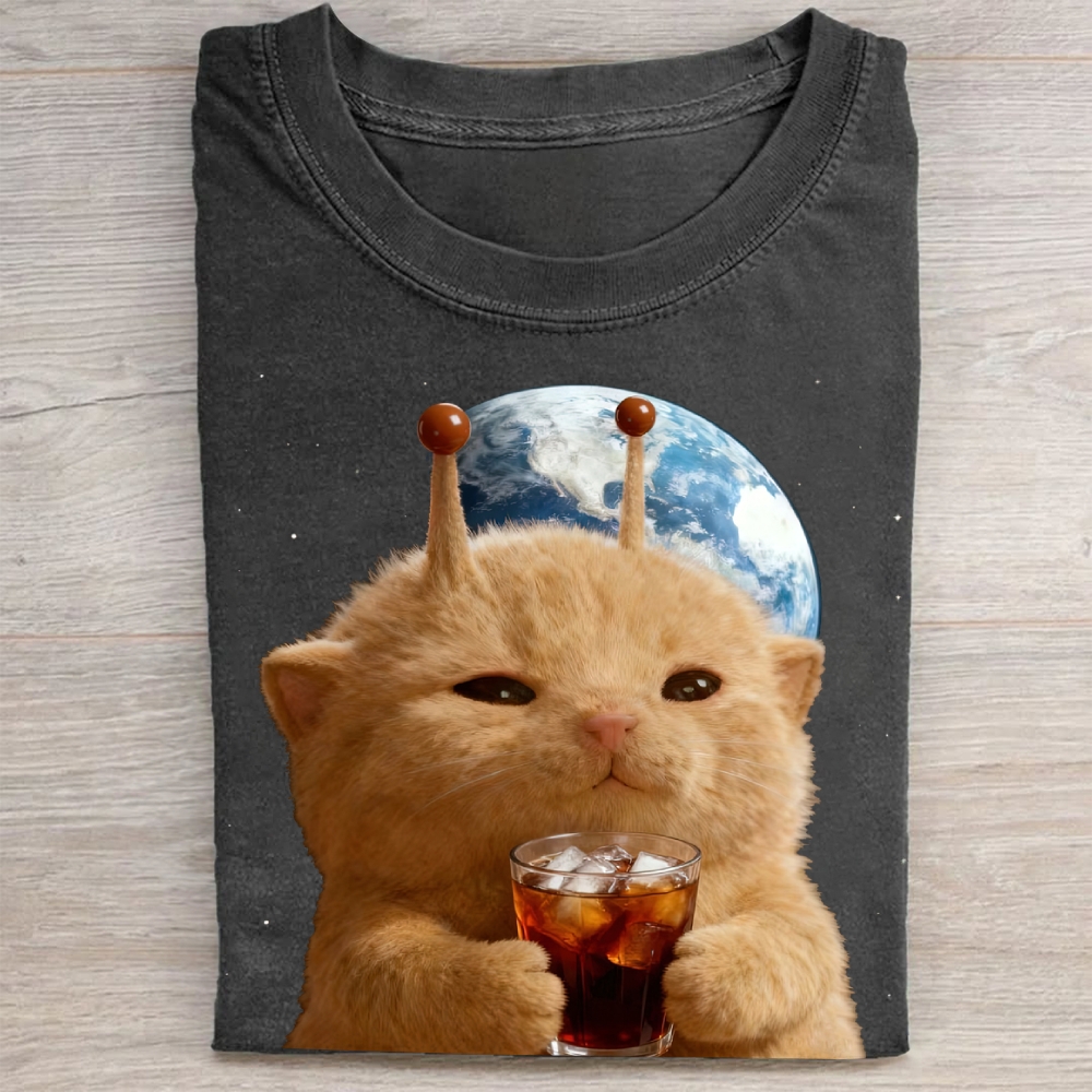 Orange Alien Cat Earth Soda Vintage Washed Tee