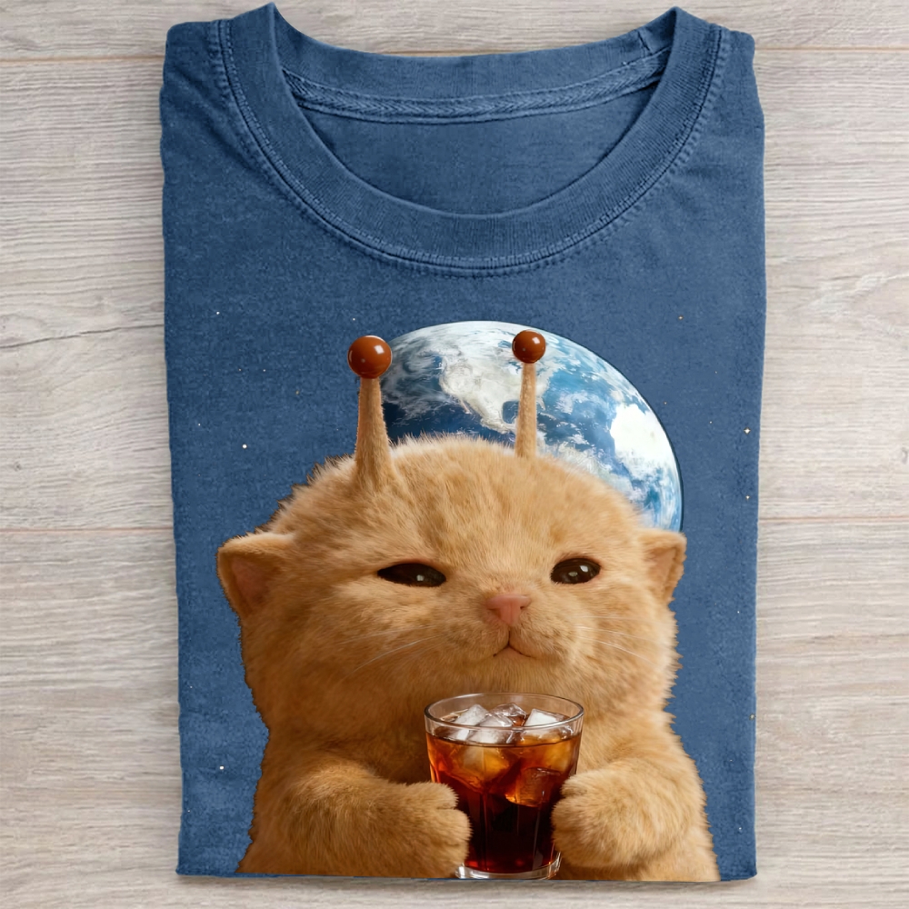 Orange Alien Cat Earth Soda Vintage Washed Tee