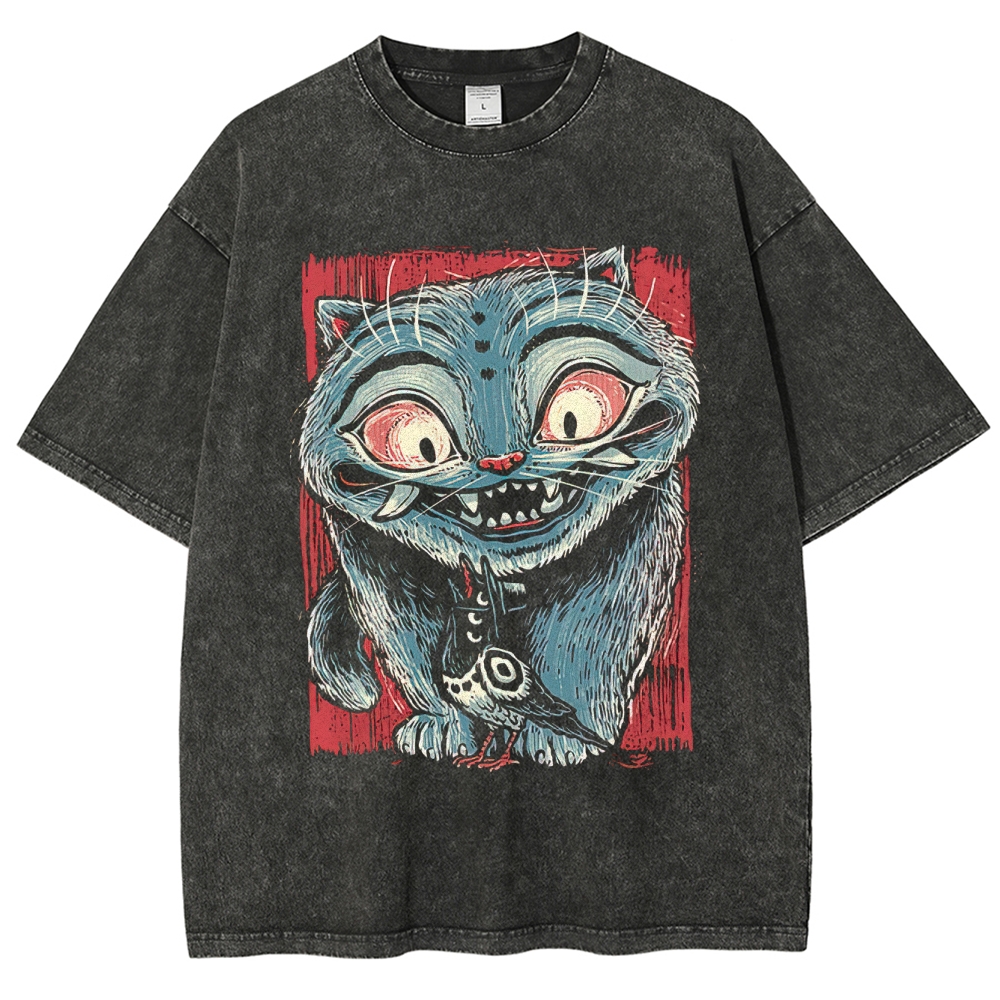 Menacing Blue Cat & Bird Retro Art Washed T-Shirt