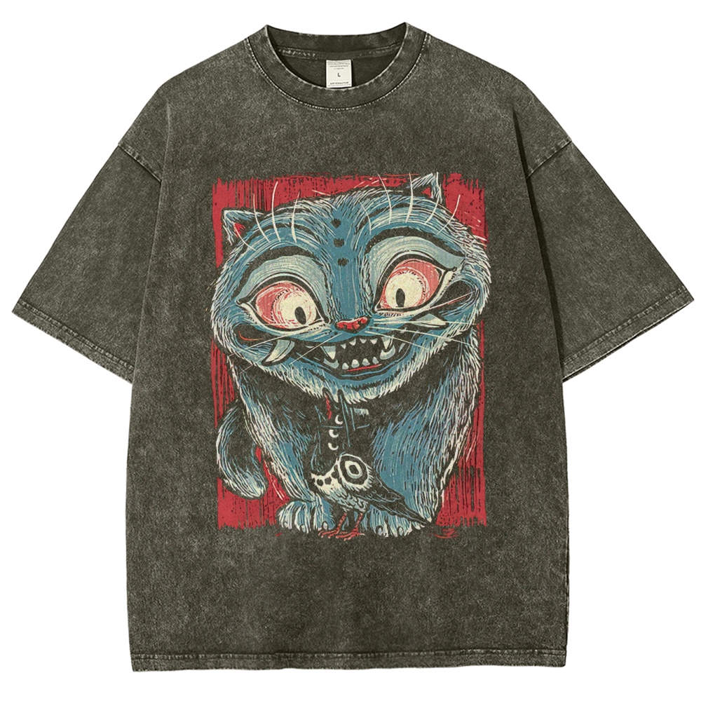 Menacing Blue Cat & Bird Retro Art Washed T-Shirt