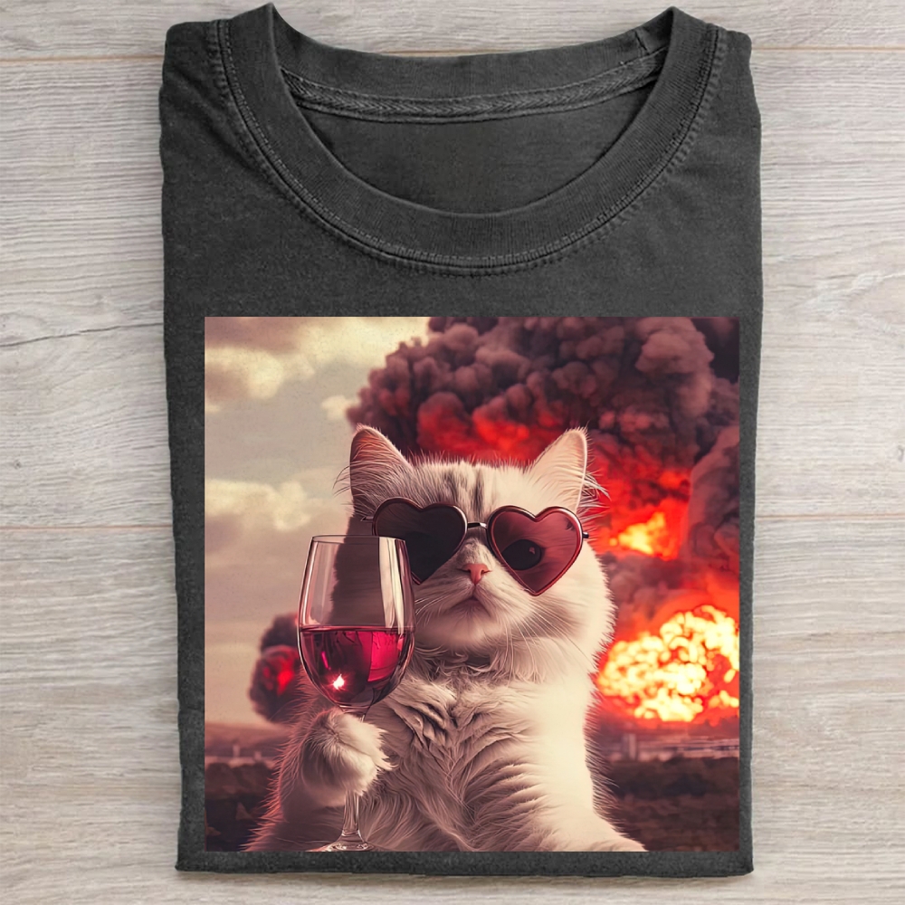 Funny Cat with Wine Graphic Washed Tee 