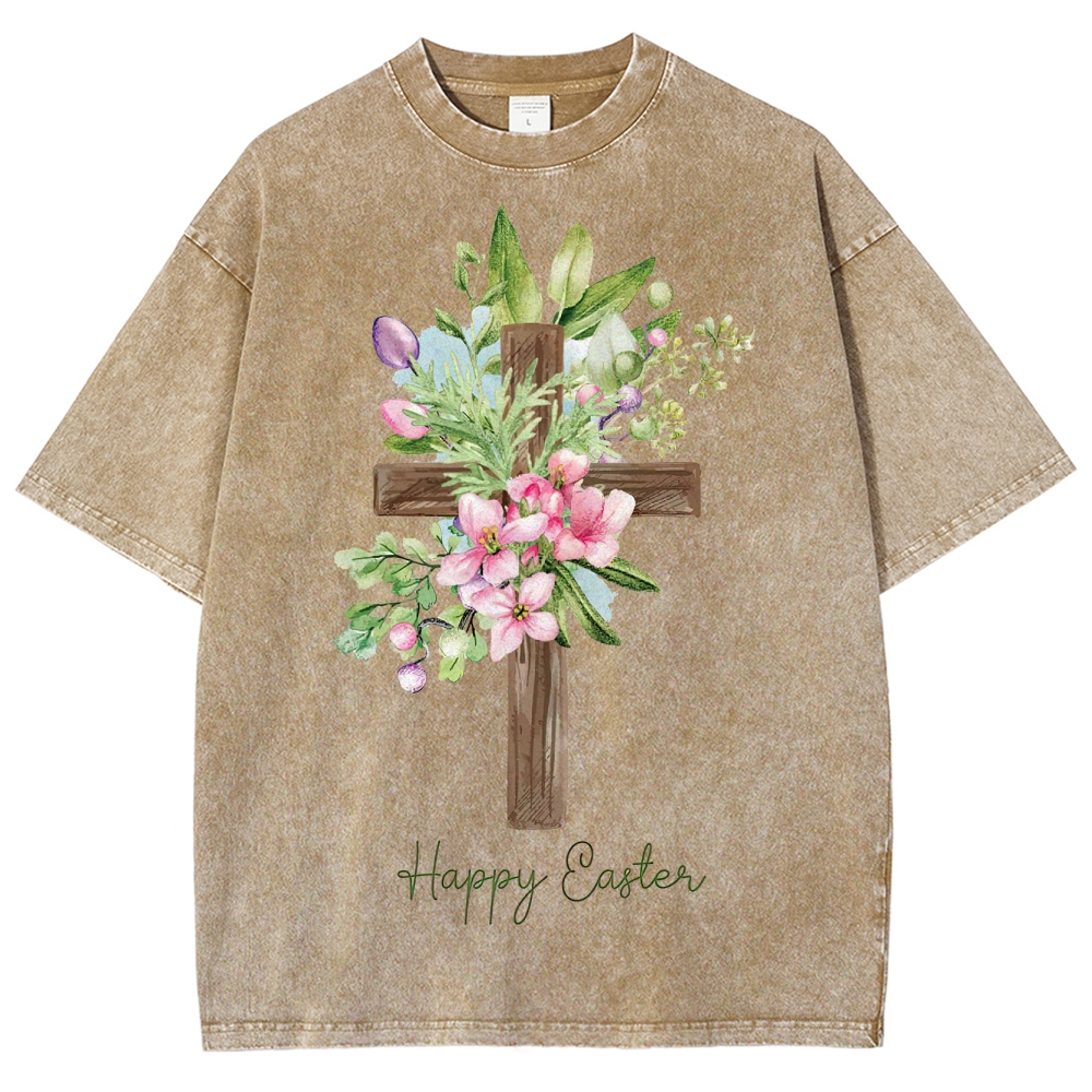 "Happy Easter" Floral Cross Washed T-Shirt