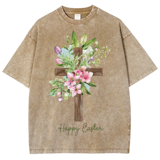 "Happy Easter" Floral Cross Washed T-Shirt