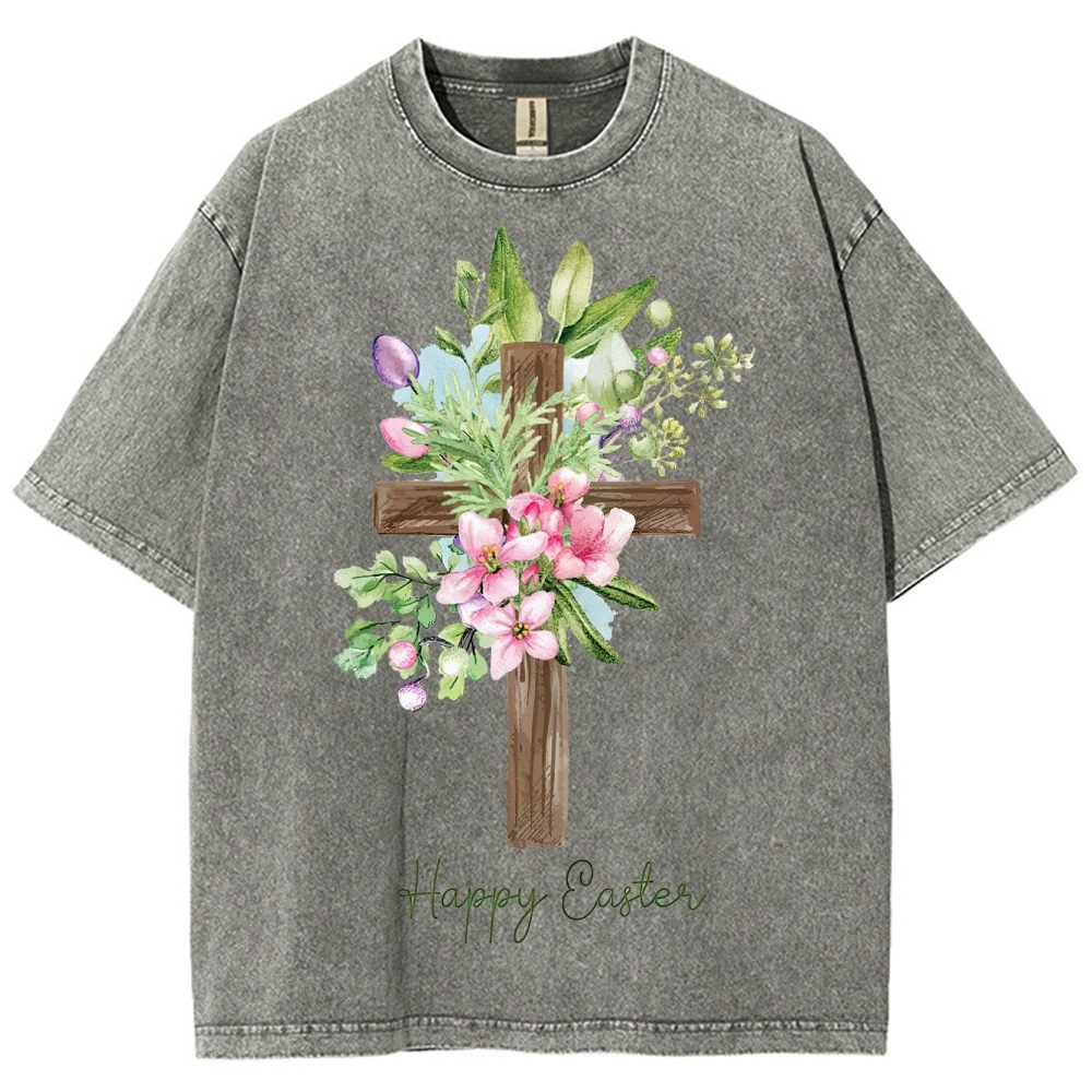 "Happy Easter" Floral Cross Washed T-Shirt