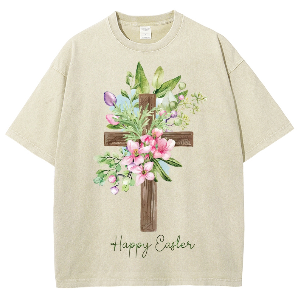 "Happy Easter" Floral Cross Washed T-Shirt