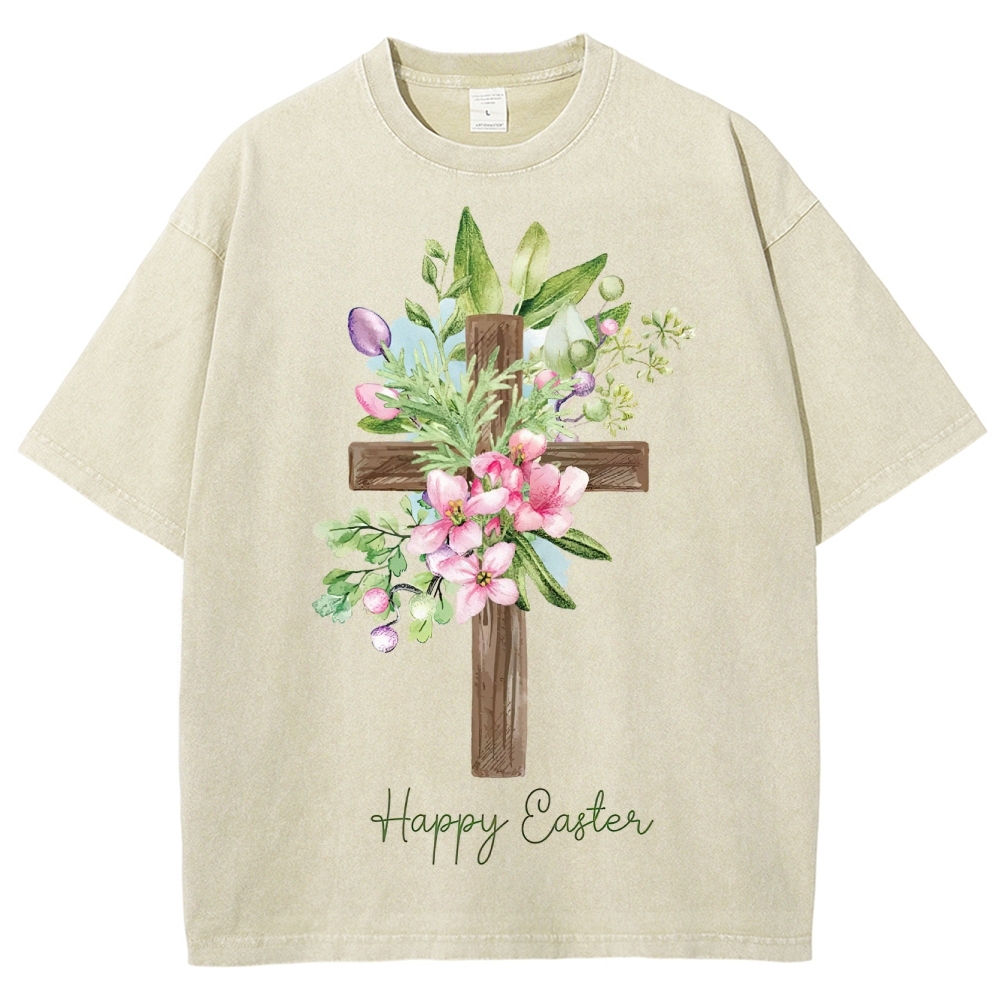 "Happy Easter" Floral Cross Washed T-Shirt