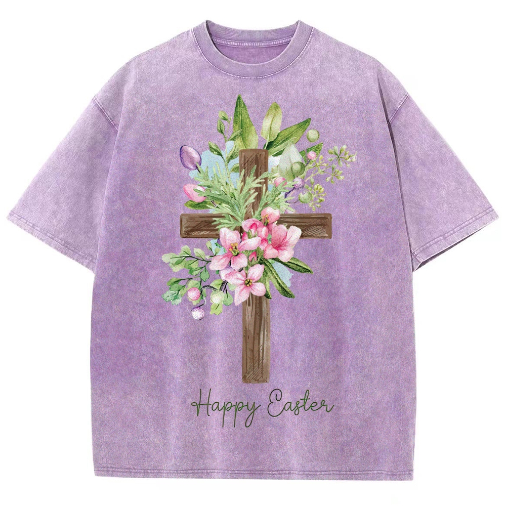"Happy Easter" Floral Cross Washed T-Shirt