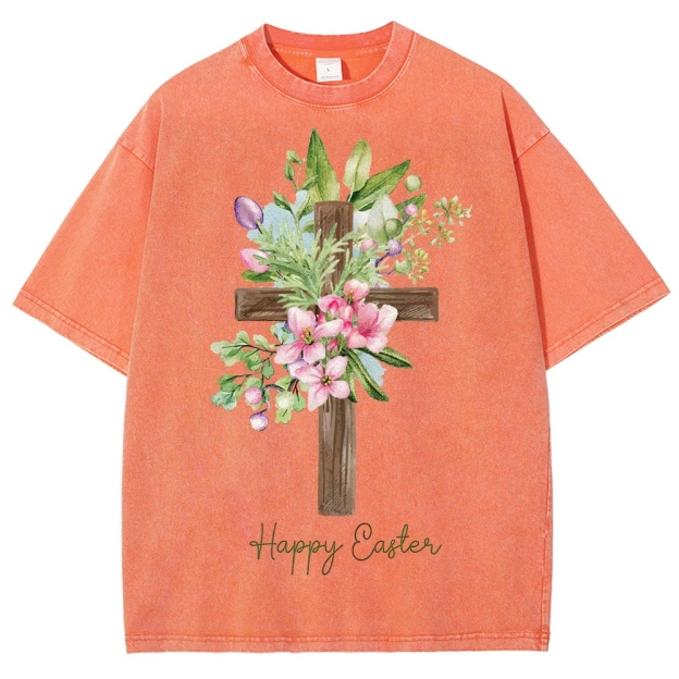 "Happy Easter" Floral Cross Washed T-Shirt