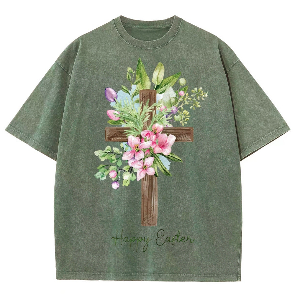 "Happy Easter" Floral Cross Washed T-Shirt
