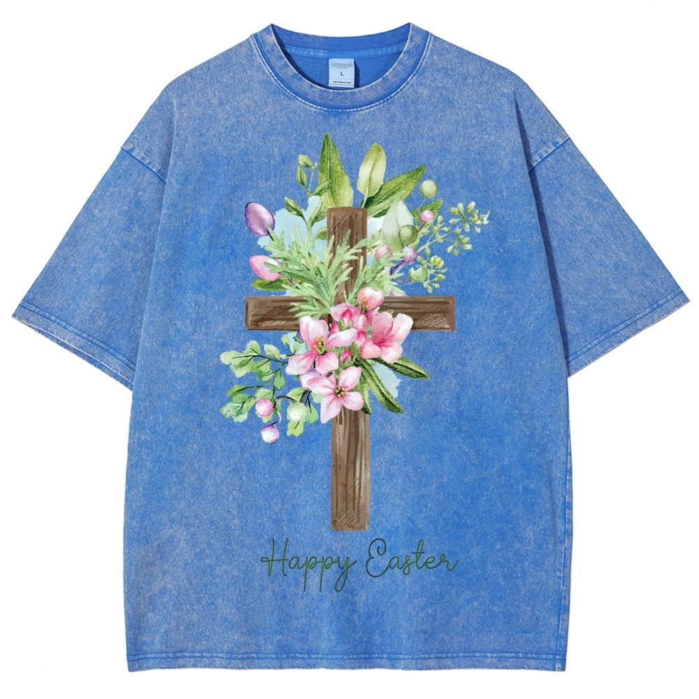 "Happy Easter" Floral Cross Washed T-Shirt