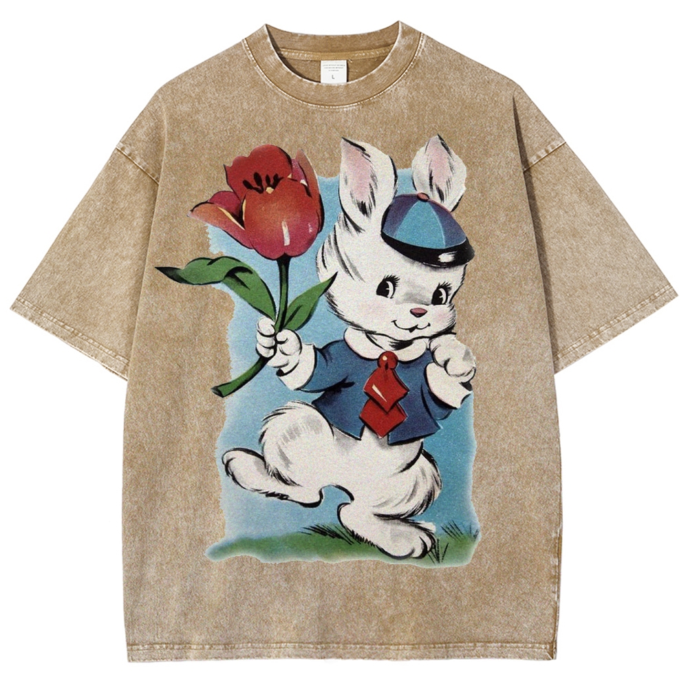 Vintage Easter Bunny Tulip Washed T-Shirt