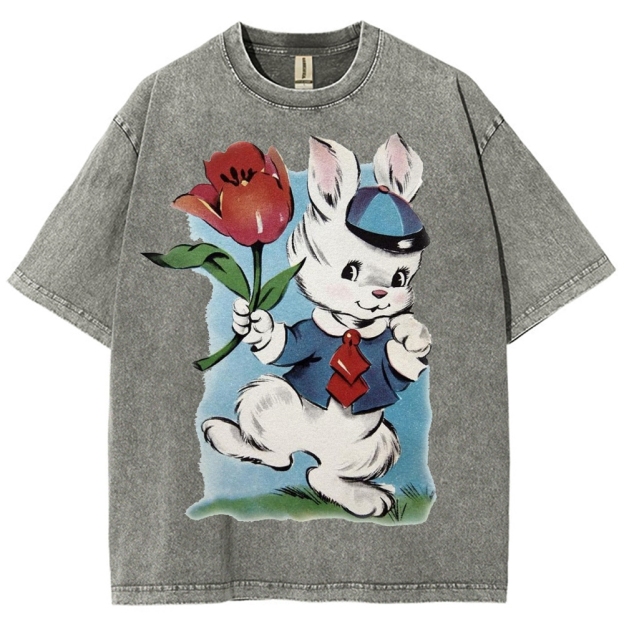 Vintage Easter Bunny Tulip Washed T-Shirt