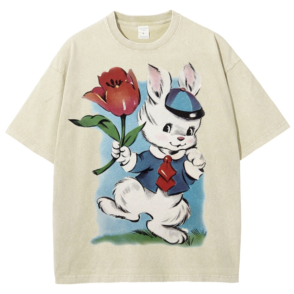 Vintage Easter Bunny Tulip Washed T-Shirt