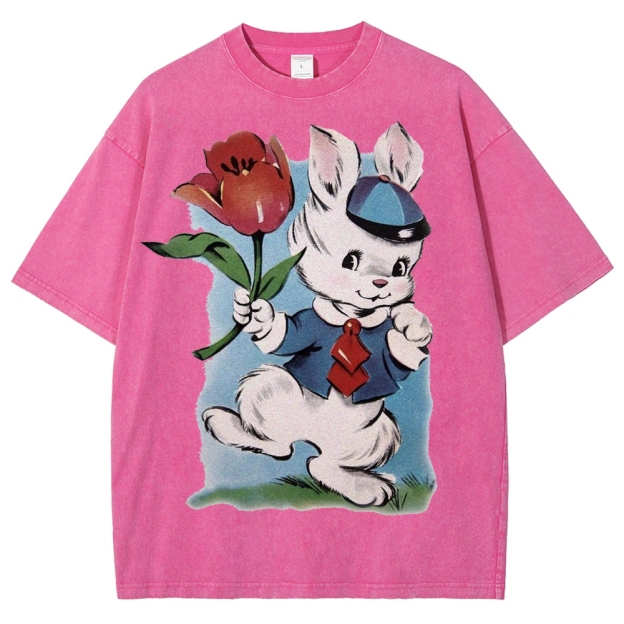 Vintage Easter Bunny Tulip Washed T-Shirt