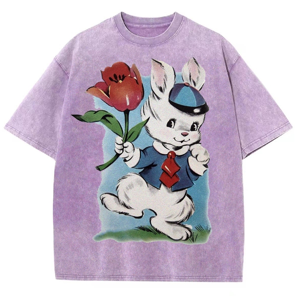 Vintage Easter Bunny Tulip Washed T-Shirt