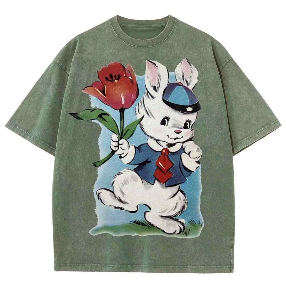 Vintage Easter Bunny Tulip Washed T-Shirt