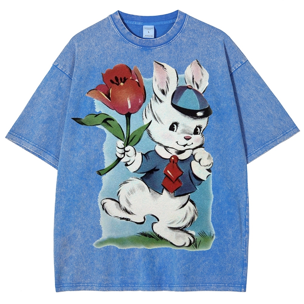Vintage Easter Bunny Tulip Washed T-Shirt