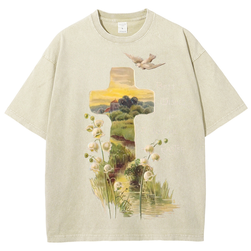 "Joyful Easter" Cross Landscape Washed T-Shirt