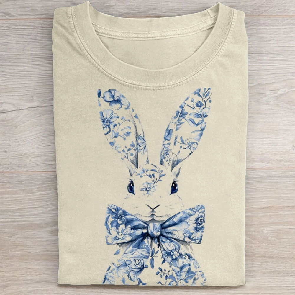 "Blue Floral Easter Bunny" Chinoiserie Vintage Washed Tee