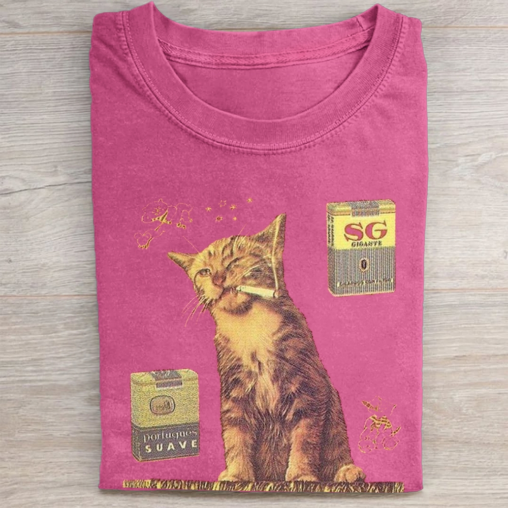 "Suave Smoking Cat" Retro Vintage Washed Tee