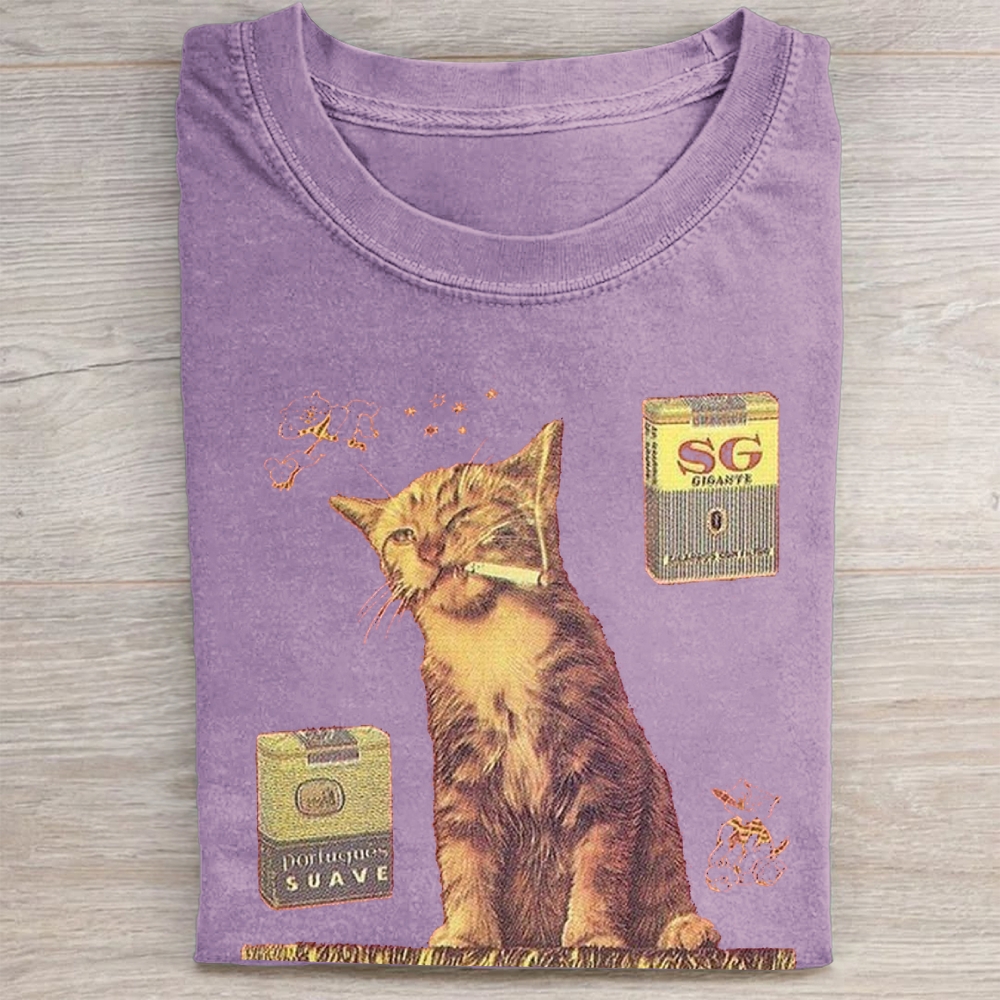"Suave Smoking Cat" Retro Vintage Washed Tee