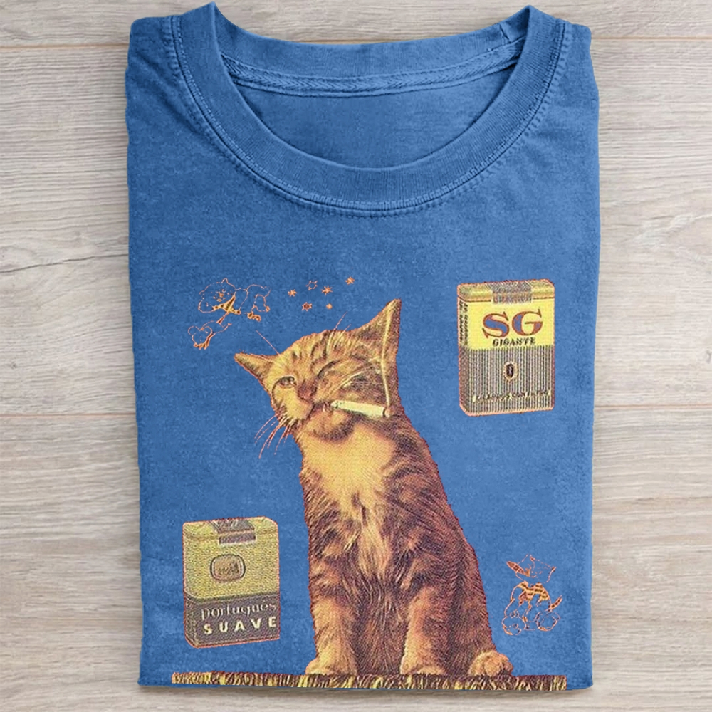 "Suave Smoking Cat" Retro Vintage Washed Tee