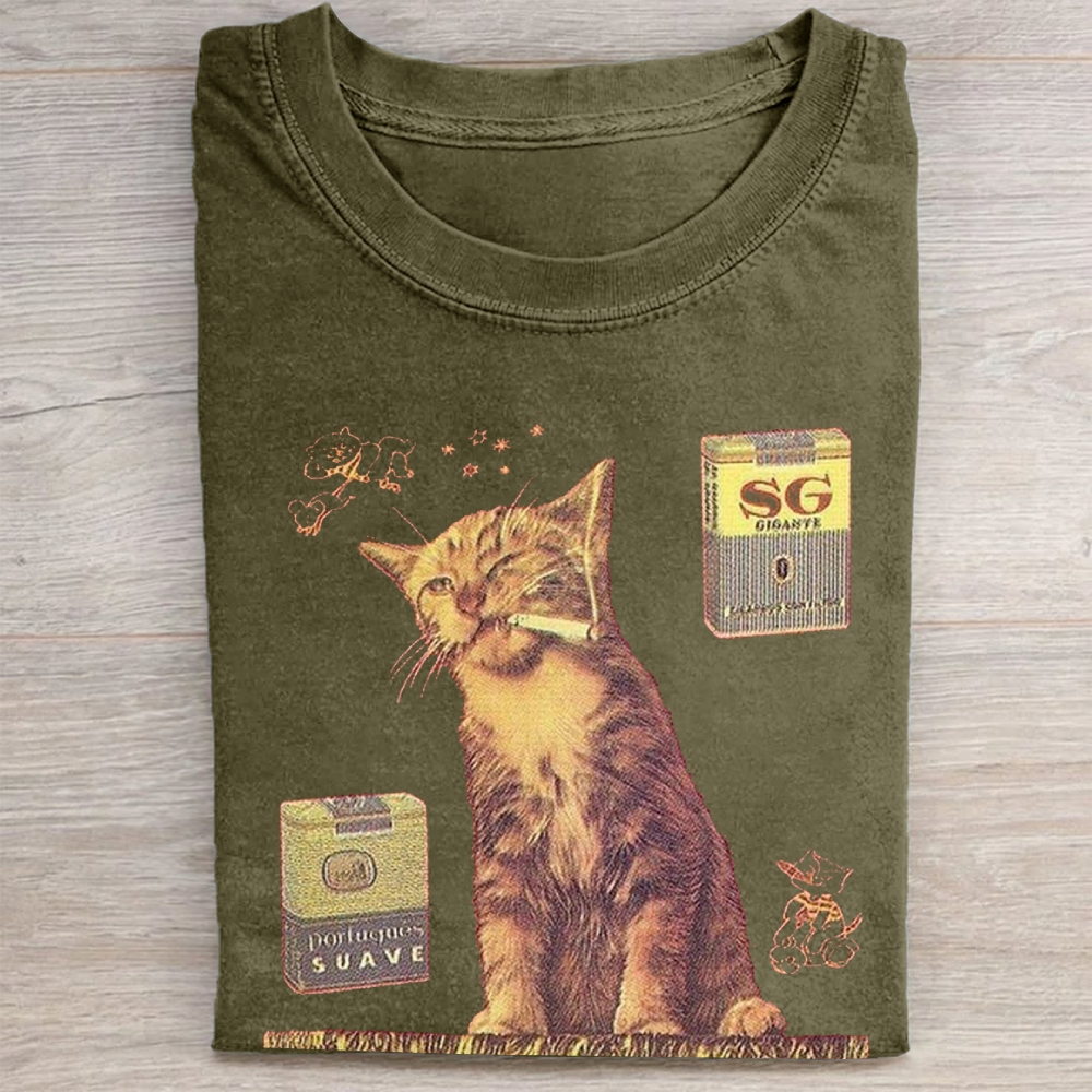 "Suave Smoking Cat" Retro Vintage Washed Tee