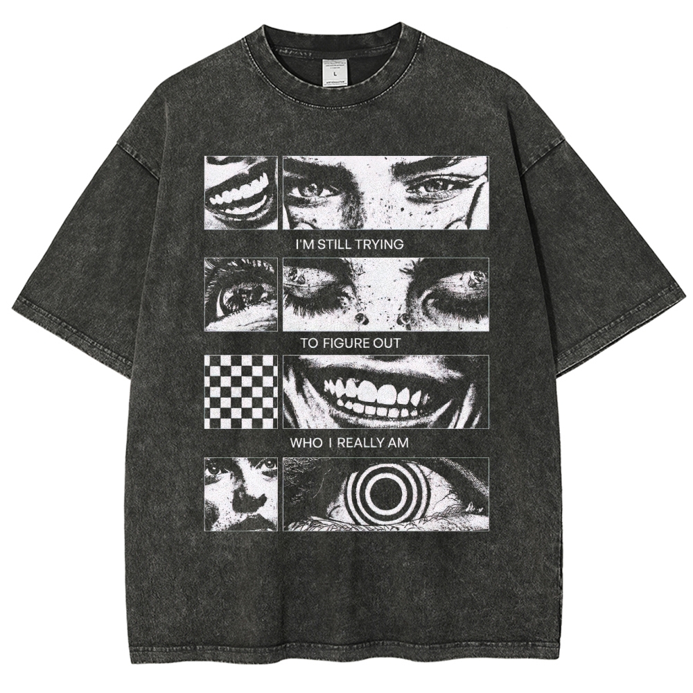 Introspective Face Collage Graphic Washed T-Shirt 