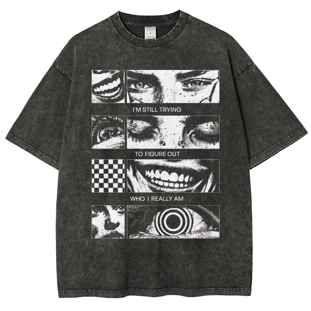 Introspective Face Collage Graphic Washed T-Shirt 