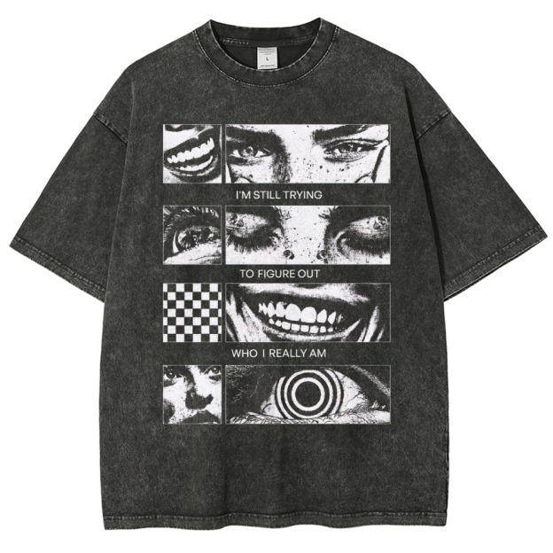 Introspective Face Collage Graphic Washed T-Shirt 