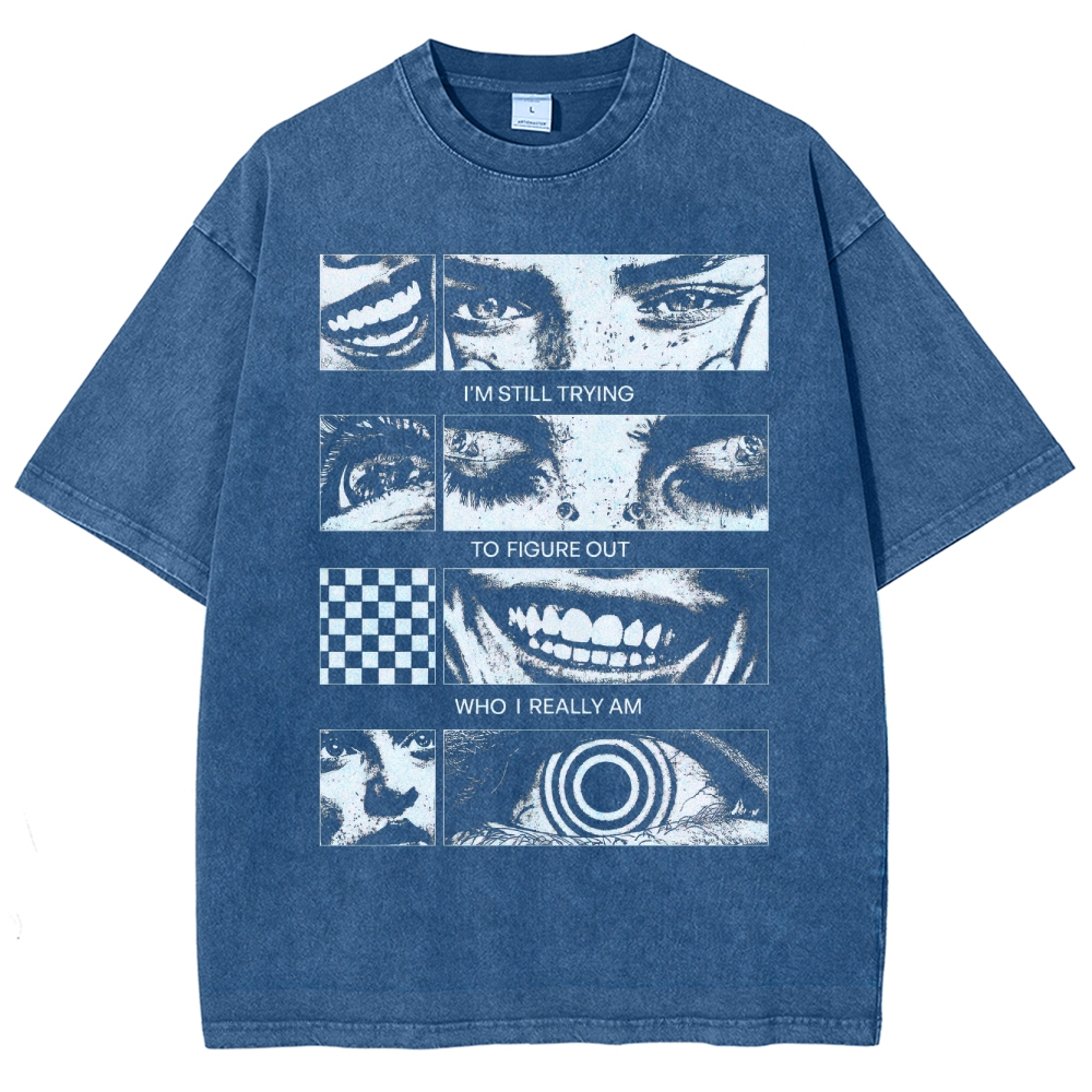 Introspective Face Collage Graphic Washed T-Shirt 