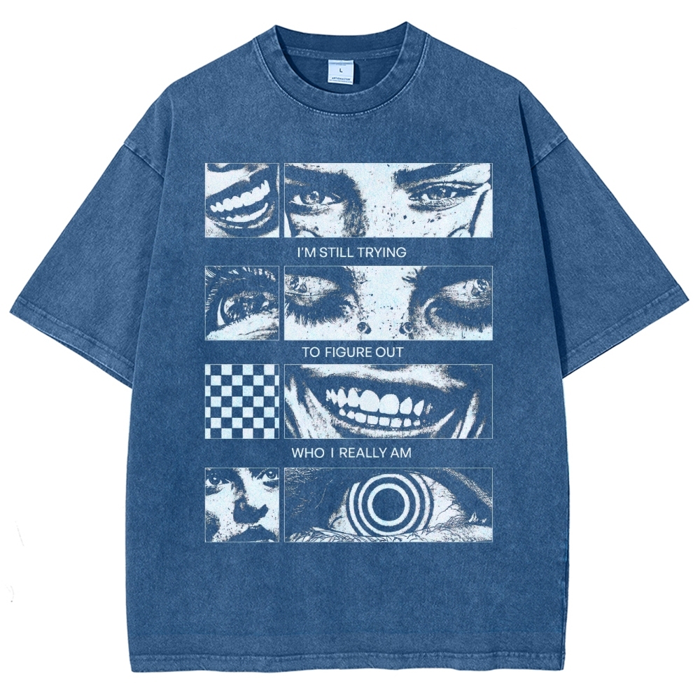 Introspective Face Collage Graphic Washed T-Shirt 