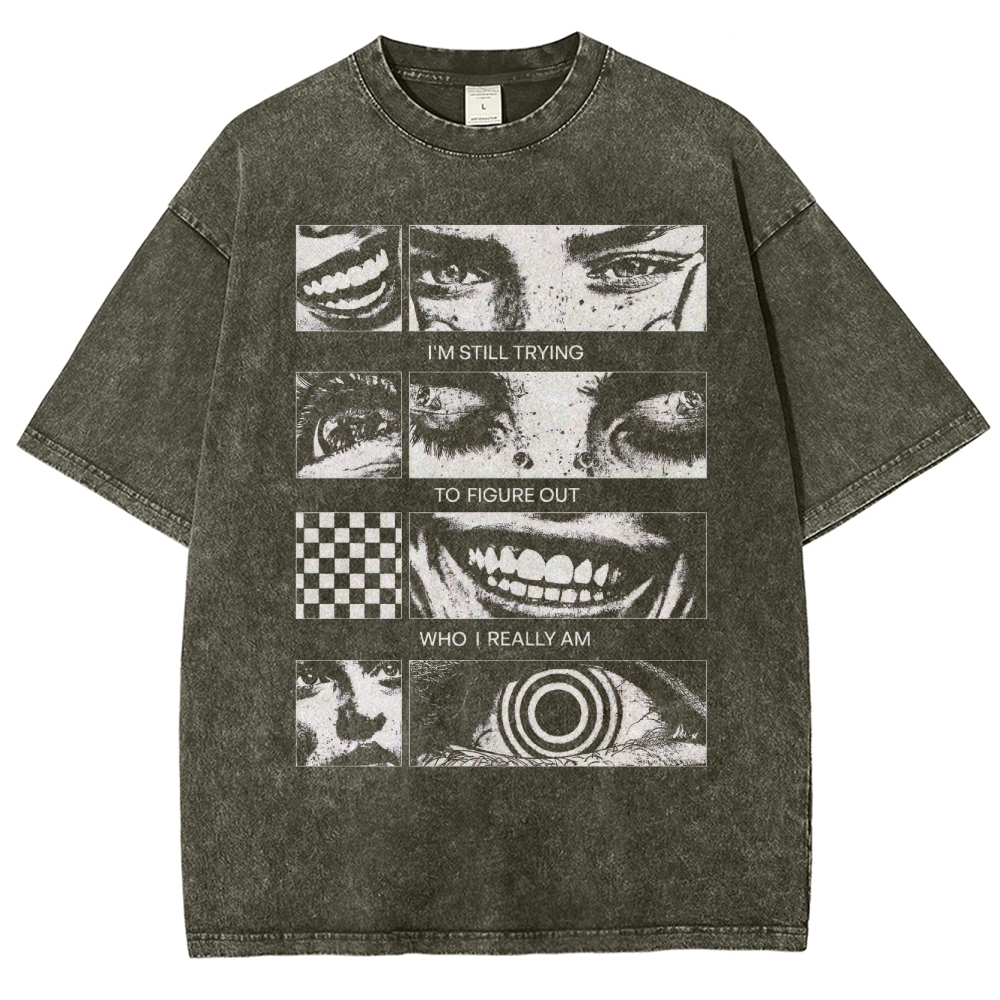 Introspective Face Collage Graphic Washed T-Shirt 