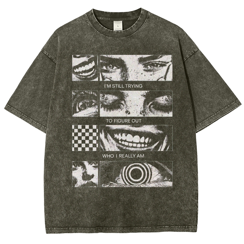 Introspective Face Collage Graphic Washed T-Shirt 
