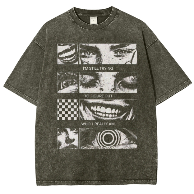 Introspective Face Collage Graphic Washed T-Shirt 