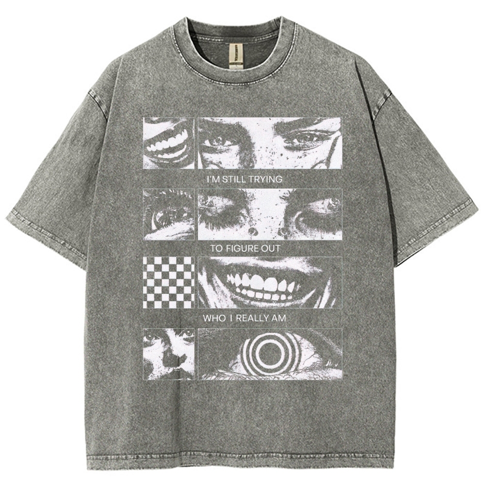 Introspective Face Collage Graphic Washed T-Shirt 
